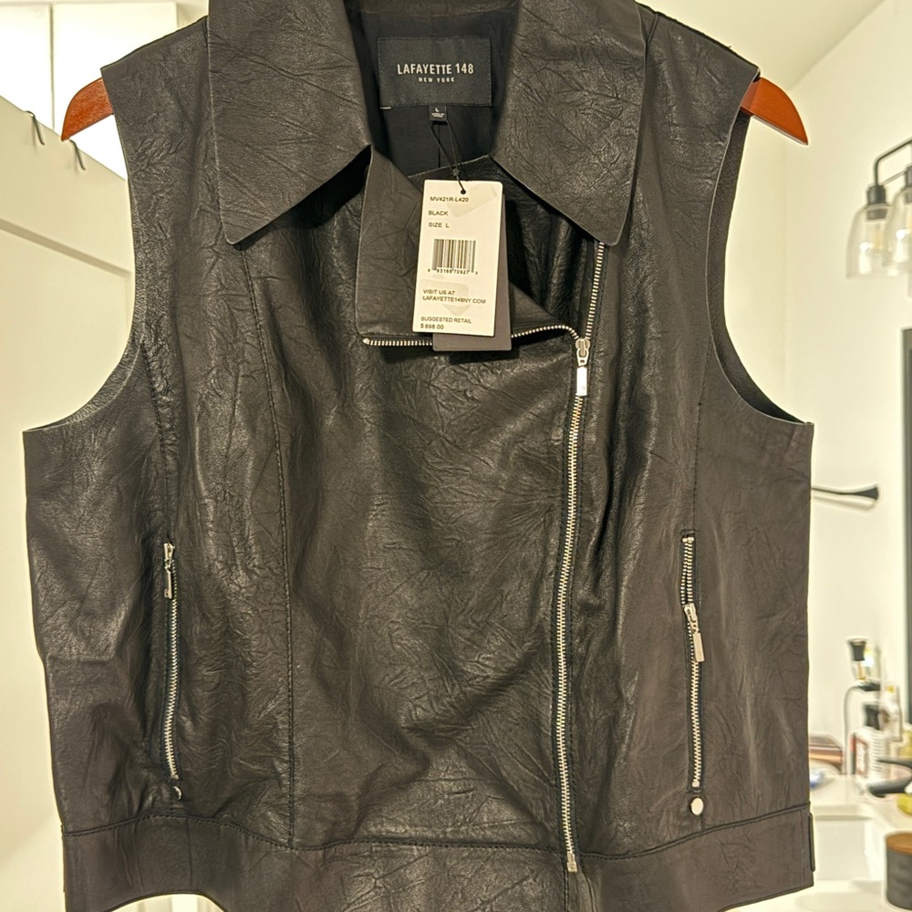 Women’s Lafayette 148 New York Black Moto Styld Leather Vest Sz L